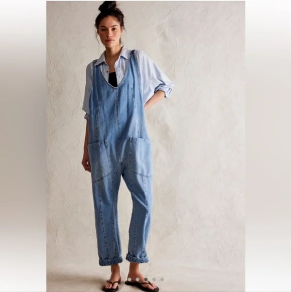 Free People We the Free High Roller Jumpsuit Blue Denim Extra Large XL - Picture 3 of 11